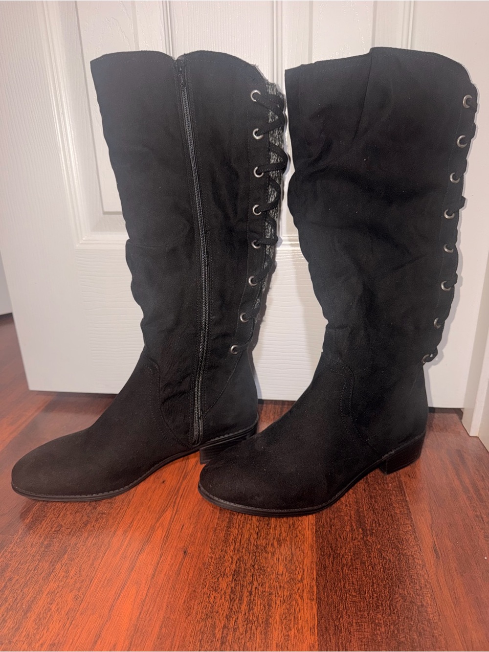 Kohl's Black Knee High Lace-Up Detail Zip Up Boots, Faux Suede